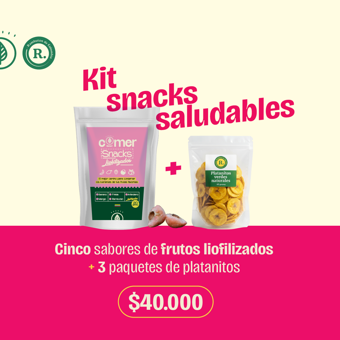 Kit de snack saludables y liofilizados acompañados por chips de platanos maduros crocantes
